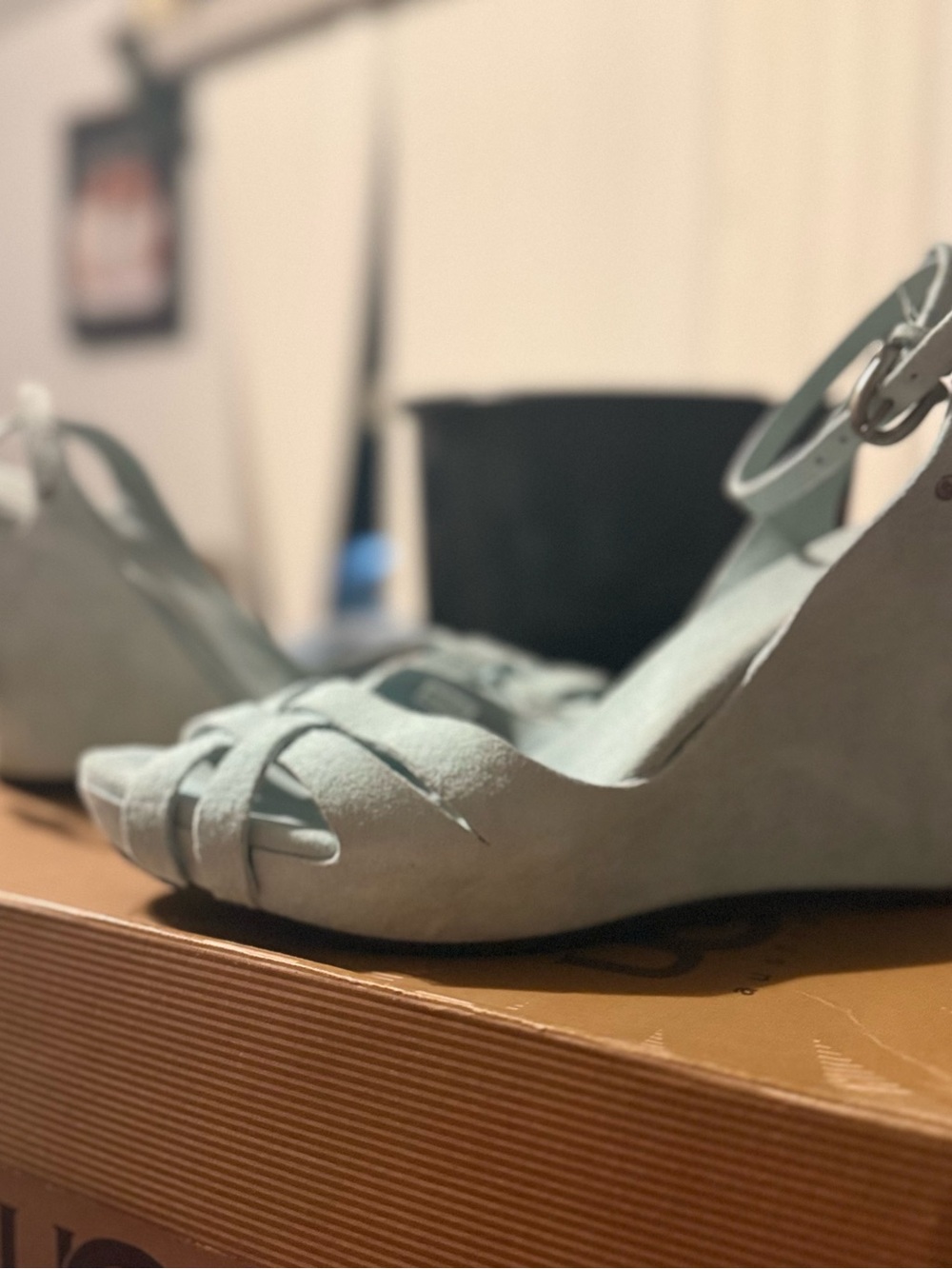 UGG Light Blue Suede Wedge Sandals with Ankle Strap